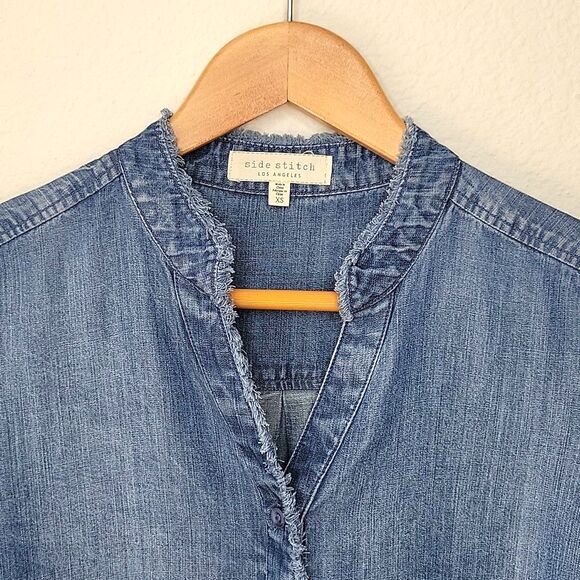 SIDE STITCH Blue 100% Lyocell Button-Up Long Sleeve Fringe Shirt size XS - Picture 2 of 11
